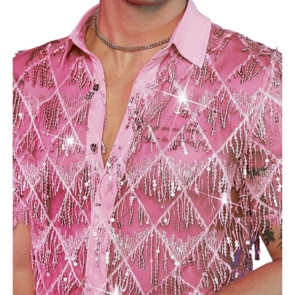 Pink Sequined Fringe Sheer Short Sleeve Party Festival Unisex Snap Shirt Size XL - Picture 4 of 11
